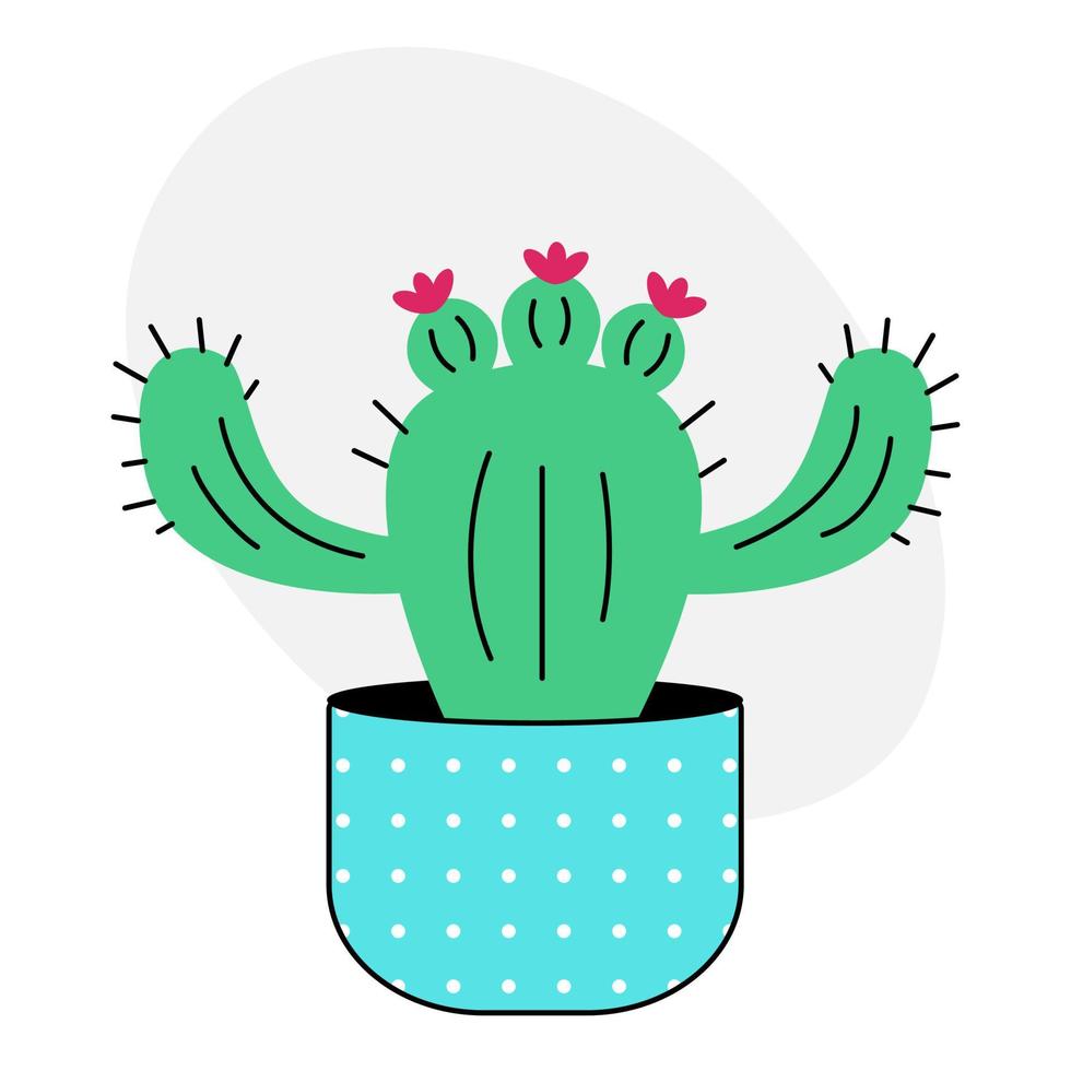Cute cactus doodle. Cartoon cactus with flowers in a blue polka dot pot on a white background. Cool vector illustration in flat style.