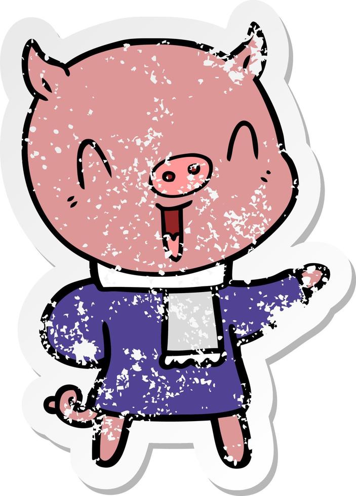 distressed sticker of a happy cartoon pig in winter clothes vector