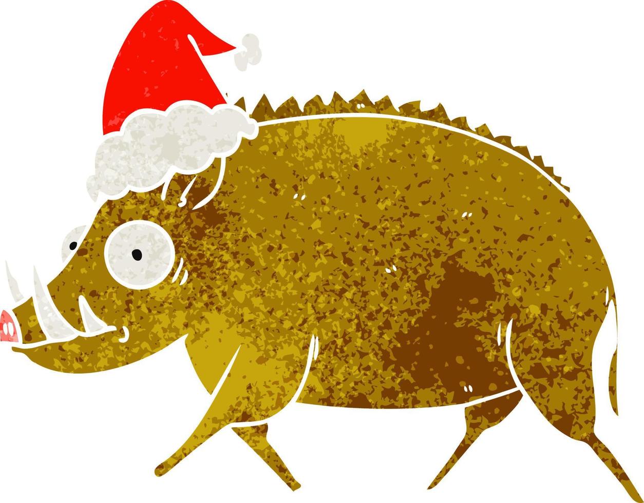 retro cartoon of a wild boar wearing santa hat vector