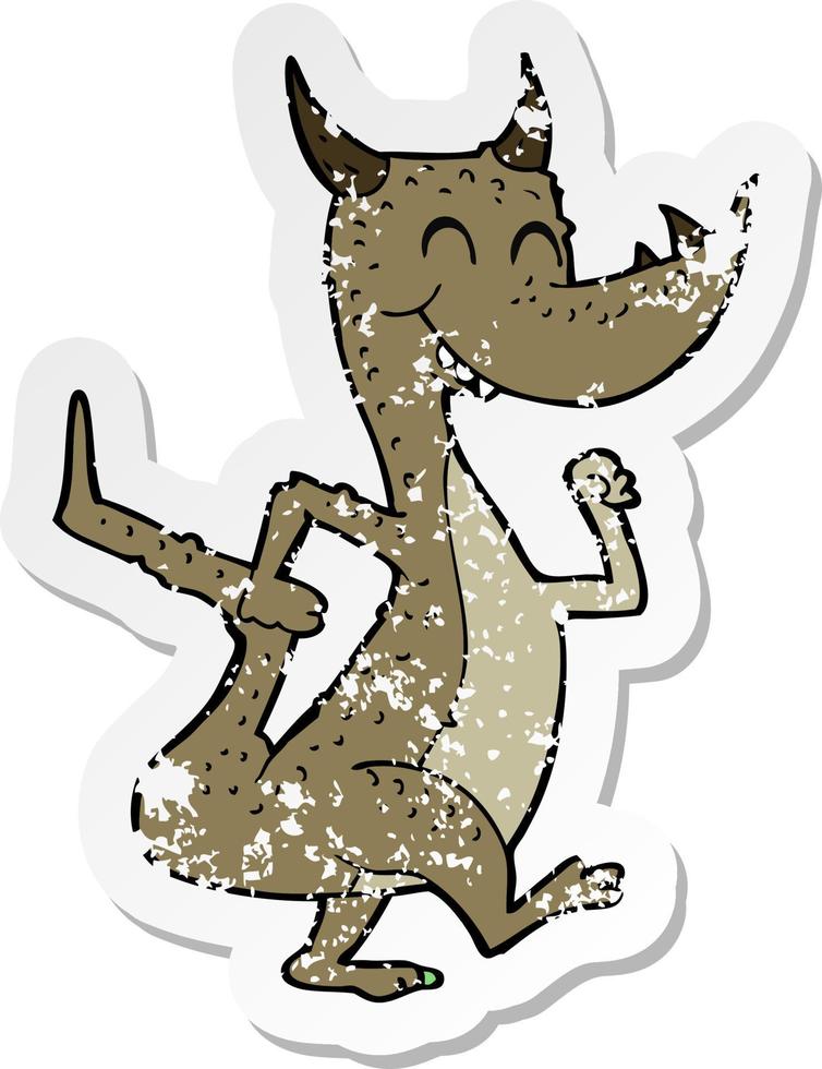 retro distressed sticker of a cartoon happy dragon vector
