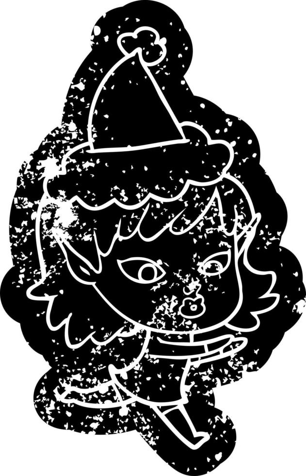 pretty cartoon distressed icon of a elf girl wearing santa hat vector