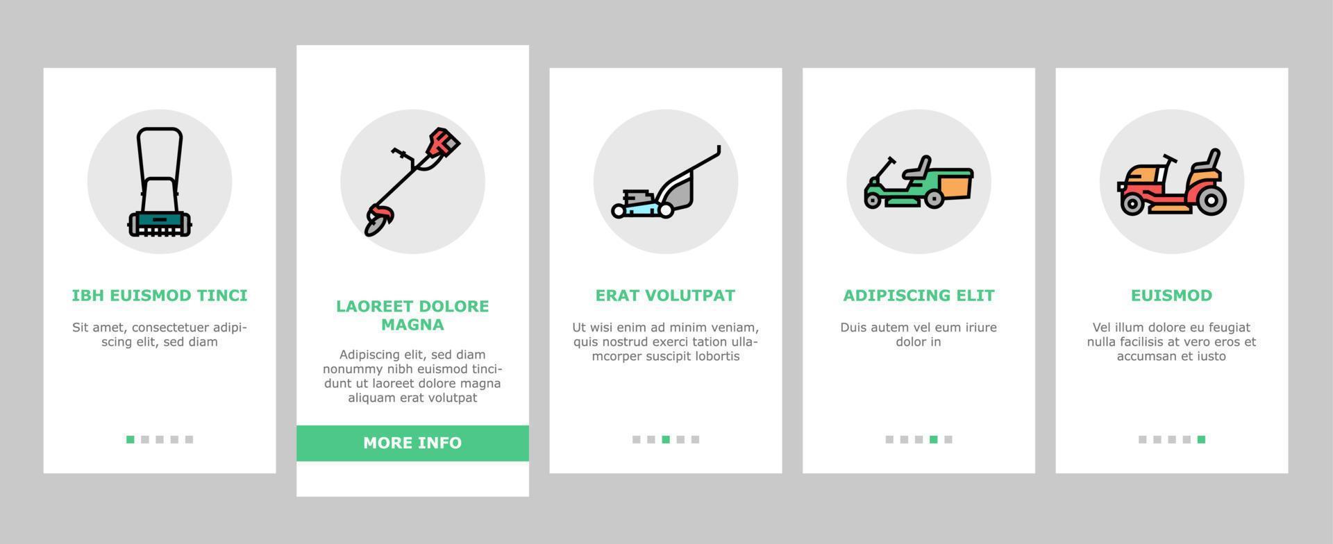 Lawn Mower Equipment Onboarding Icons Set Vector
