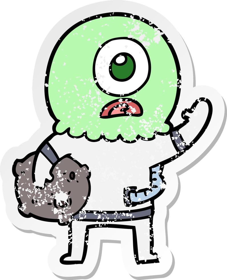 distressed sticker of a cartoon cyclops alien spaceman waving vector