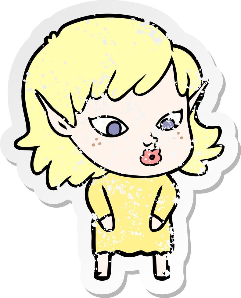 distressed sticker of a pretty cartoon elf girl vector