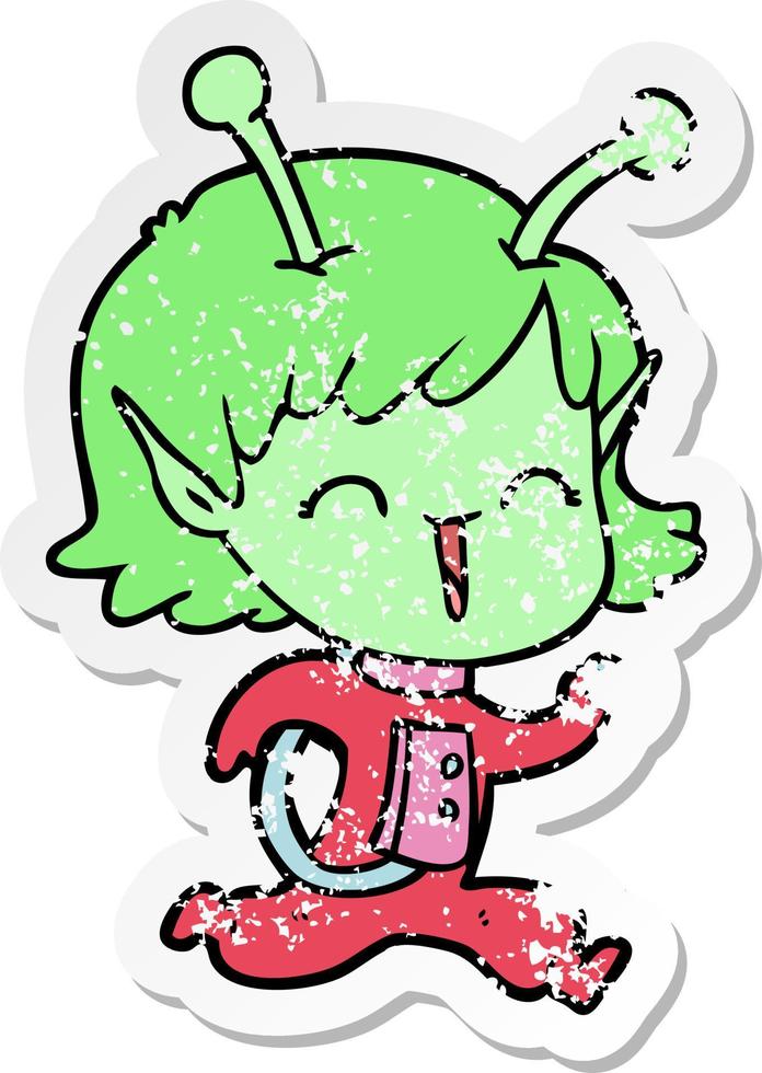 distressed sticker of a cartoon alien girl laughing vector