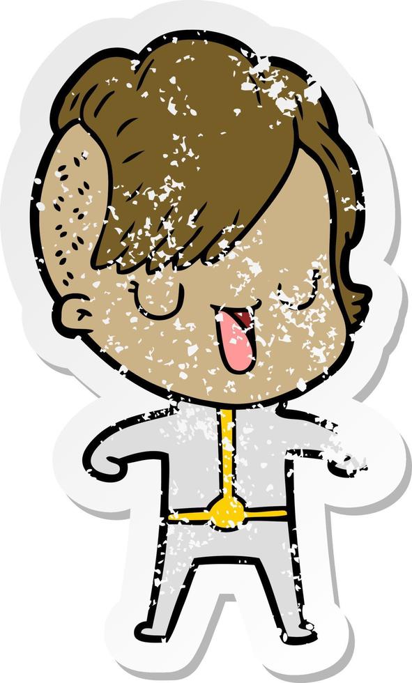 distressed sticker of a cute cartoon girl with hipster haircut vector