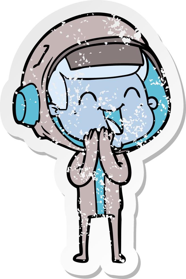 distressed sticker of a happy cartoon astronaut vector