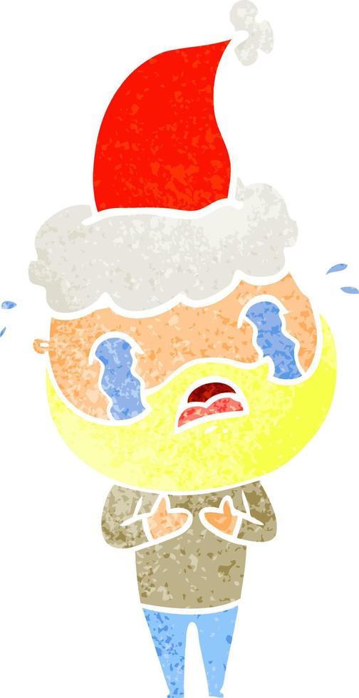 dibujos animados retro de un hombre barbudo llorando con sombrero de santa vector
