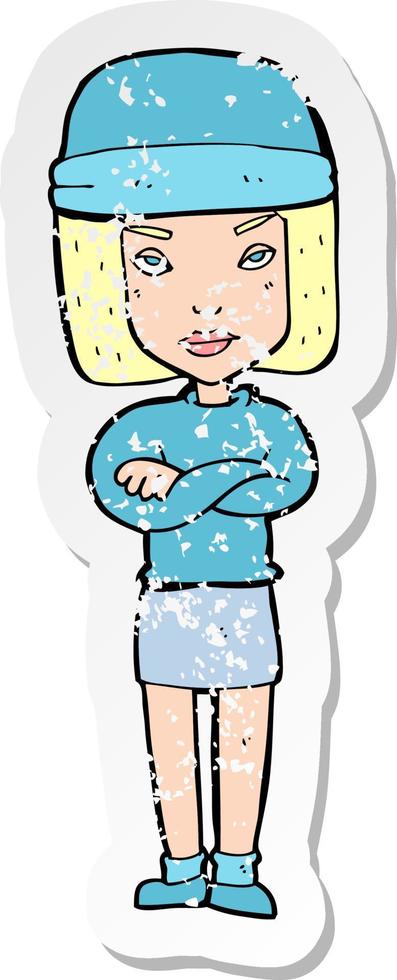 retro distressed sticker of a cartoon woman wearing winter hat vector