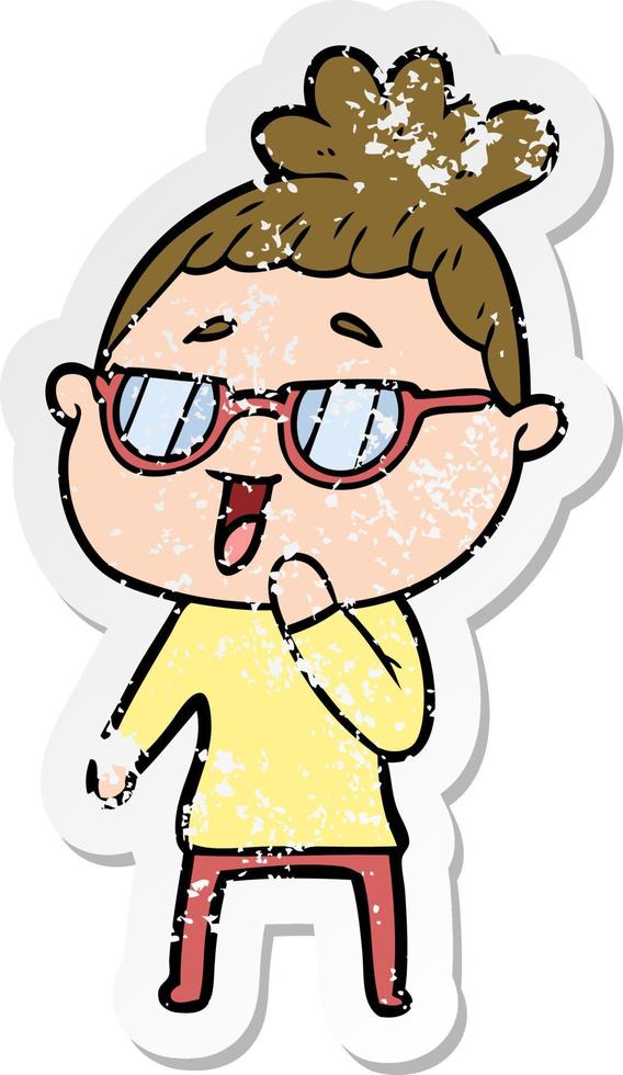 distressed sticker of a cartoon happy woman wearing spectacles vector