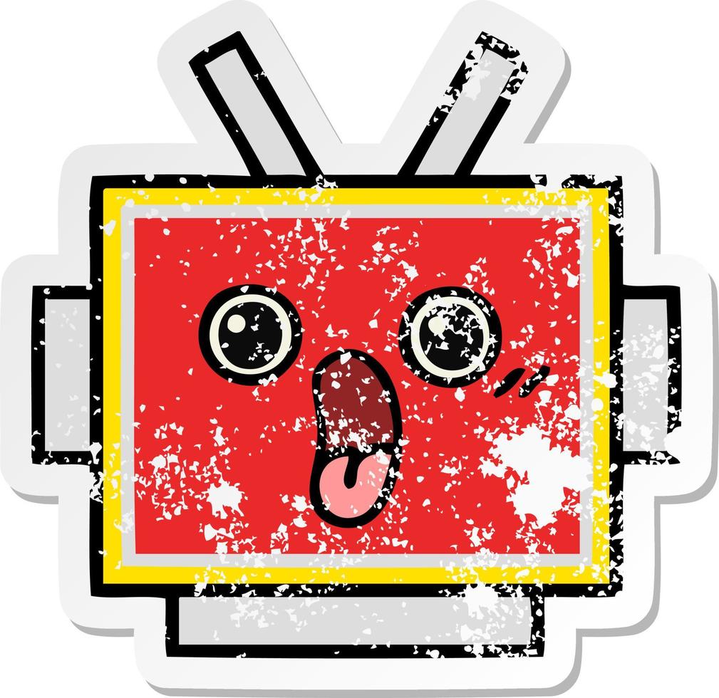 distressed sticker of a cute cartoon robot head vector