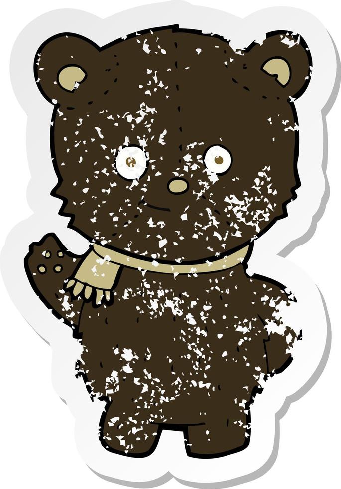 retro distressed sticker of a cute cartoon black bear waving vector