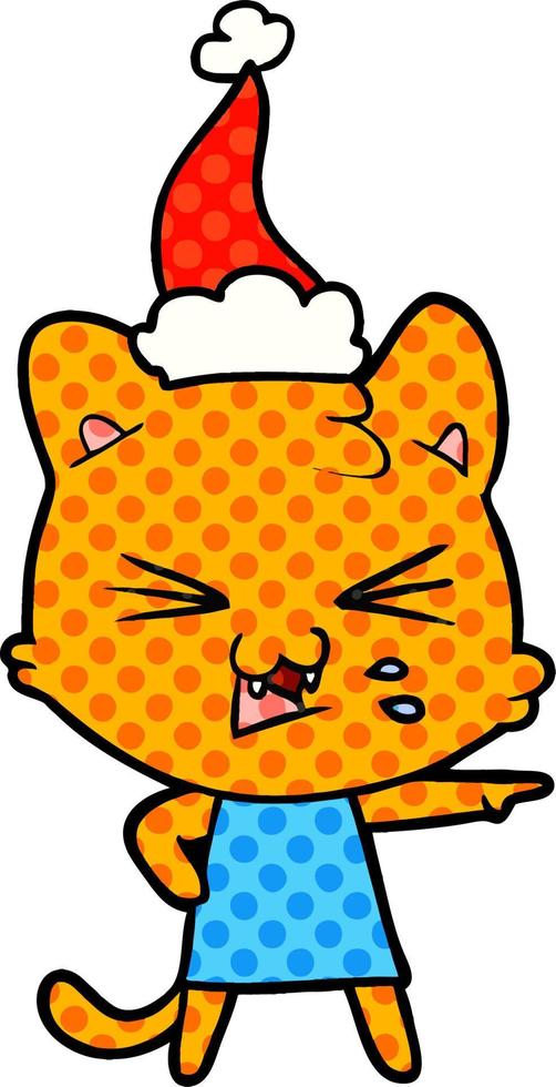 comic book style illustration of a hissing cat wearing santa hat vector