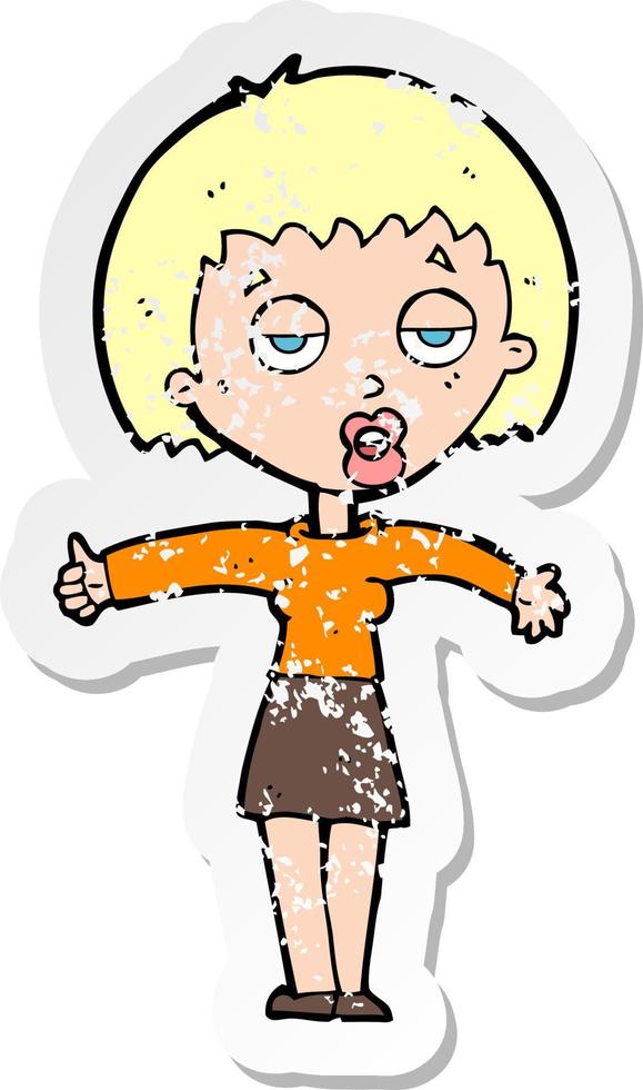 retro distressed sticker of a cartoon bored woman vector