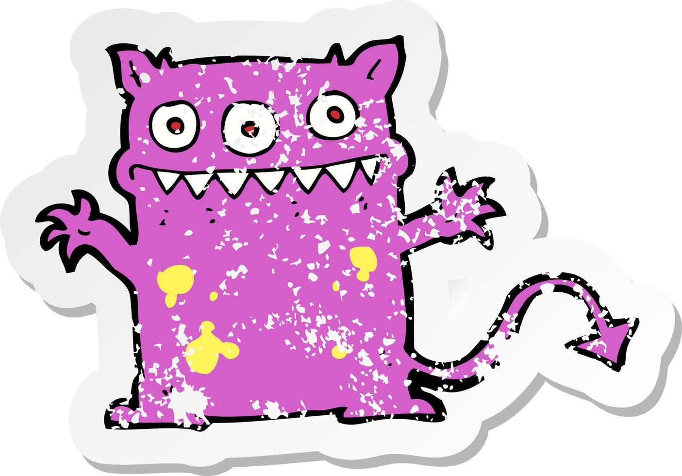 retro distressed sticker of a cartoon little monster vector