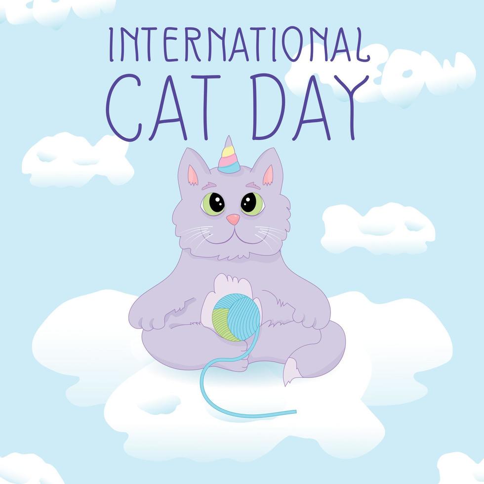 International cat day. Violet cat with corn sitting on the cloud in the blue sky with clew vector