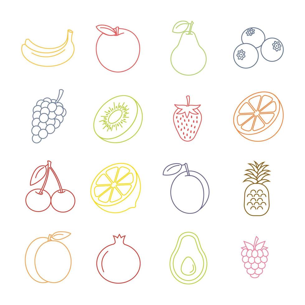 conjunto de iconos de línea de frutas y verduras, colección de símbolos vectoriales de contorno relleno, paquete de pictogramas de colores lineales aislado en blanco, ilustración de logotipo vector