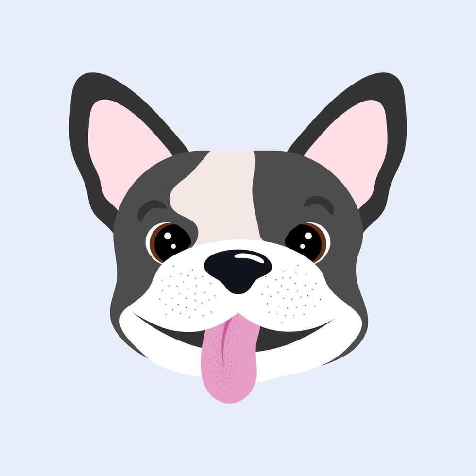 Funny cartoon French Bulldog puppy face sticking out tongue. Cute
