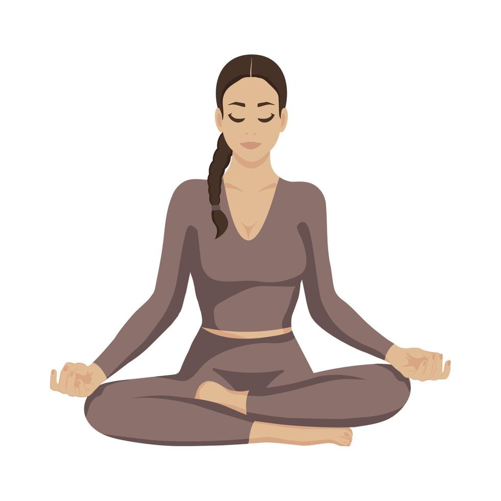 Girl in yoga lotus pose. Practicing yoga. Vector illustration. Young and happy woman meditates.