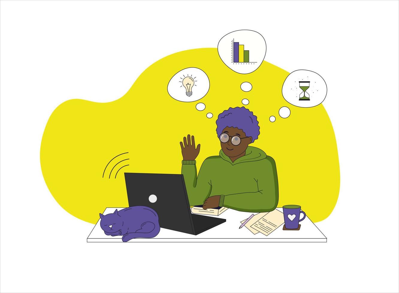 Happy little African American boy studies with computer and books. Online education, home school concept. Vector illustration