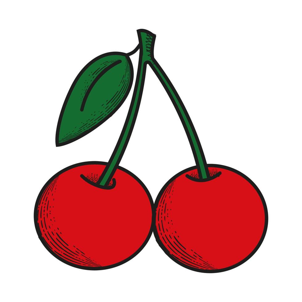 icono de dos cerezas rojas con trazo negro en estilo retro vector