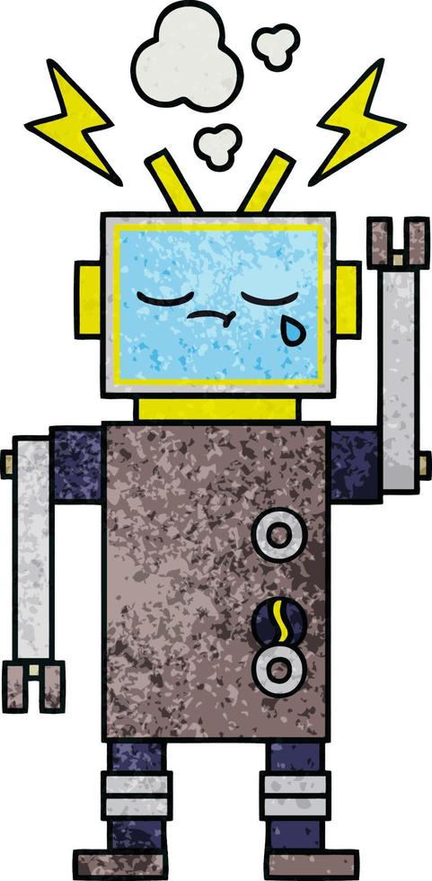 retro grunge texture cartoon crying robot vector
