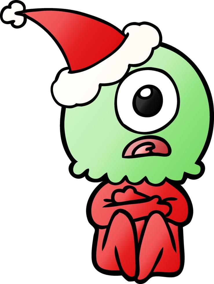 gradient cartoon of a cyclops alien spaceman wearing santa hat vector