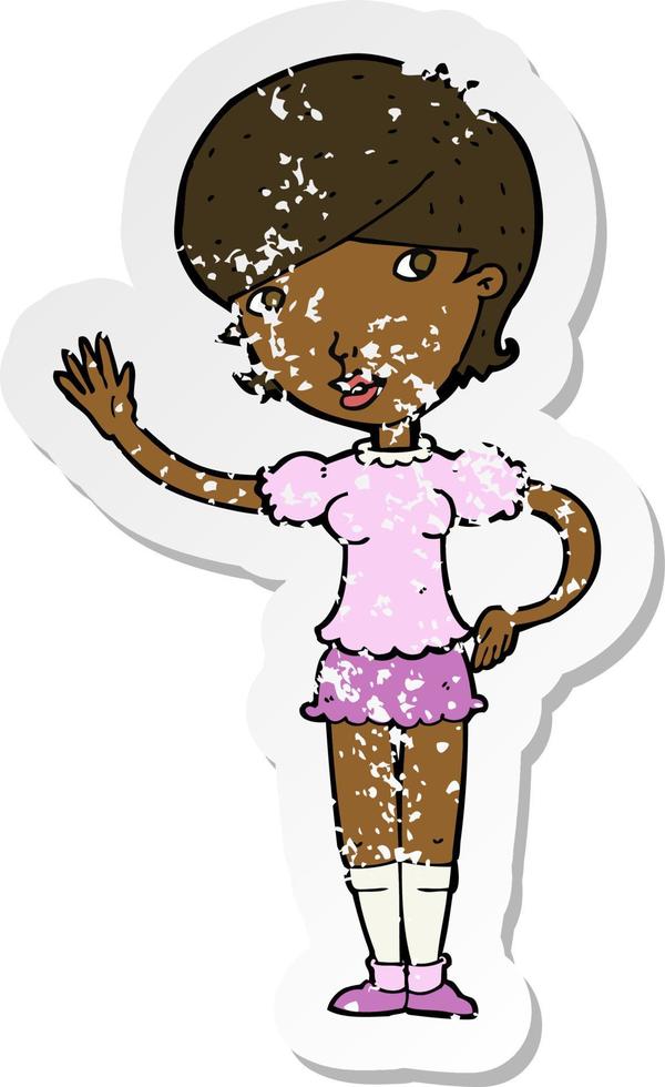 retro distressed sticker of a cartoon girl waving vector