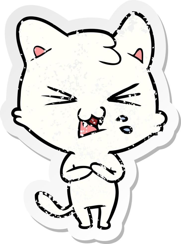 distressed sticker of a cartoon hissing cat vector