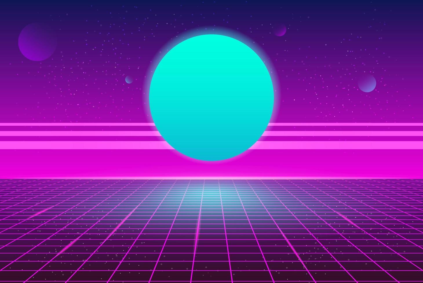 synthwave retro planeta azul fondo de cuadrícula de neón fondo de estilo de fiesta futurista de los años 80 vector