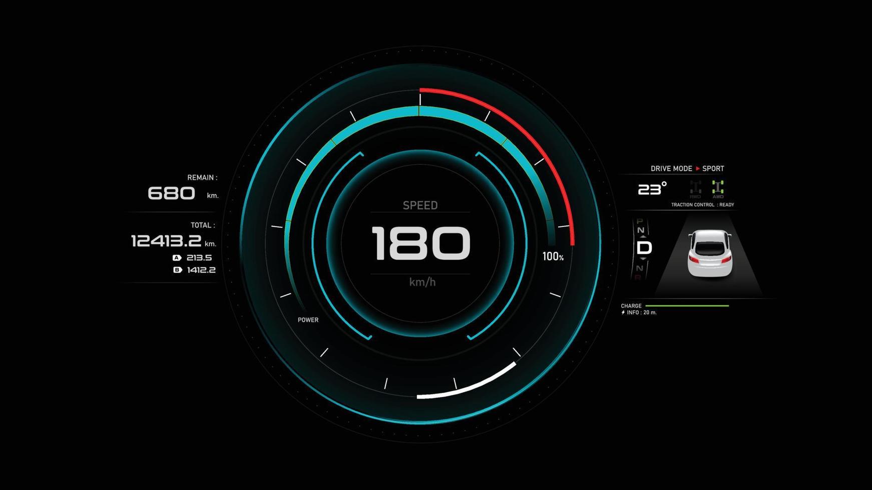 panel de camión ev, elemento de diseño del salpicadero del vehículo eléctrico, estilo elegante y simple para energía limpia sostenible alternativa y concepto de transporte futurista, velocímetro circular del camión vector