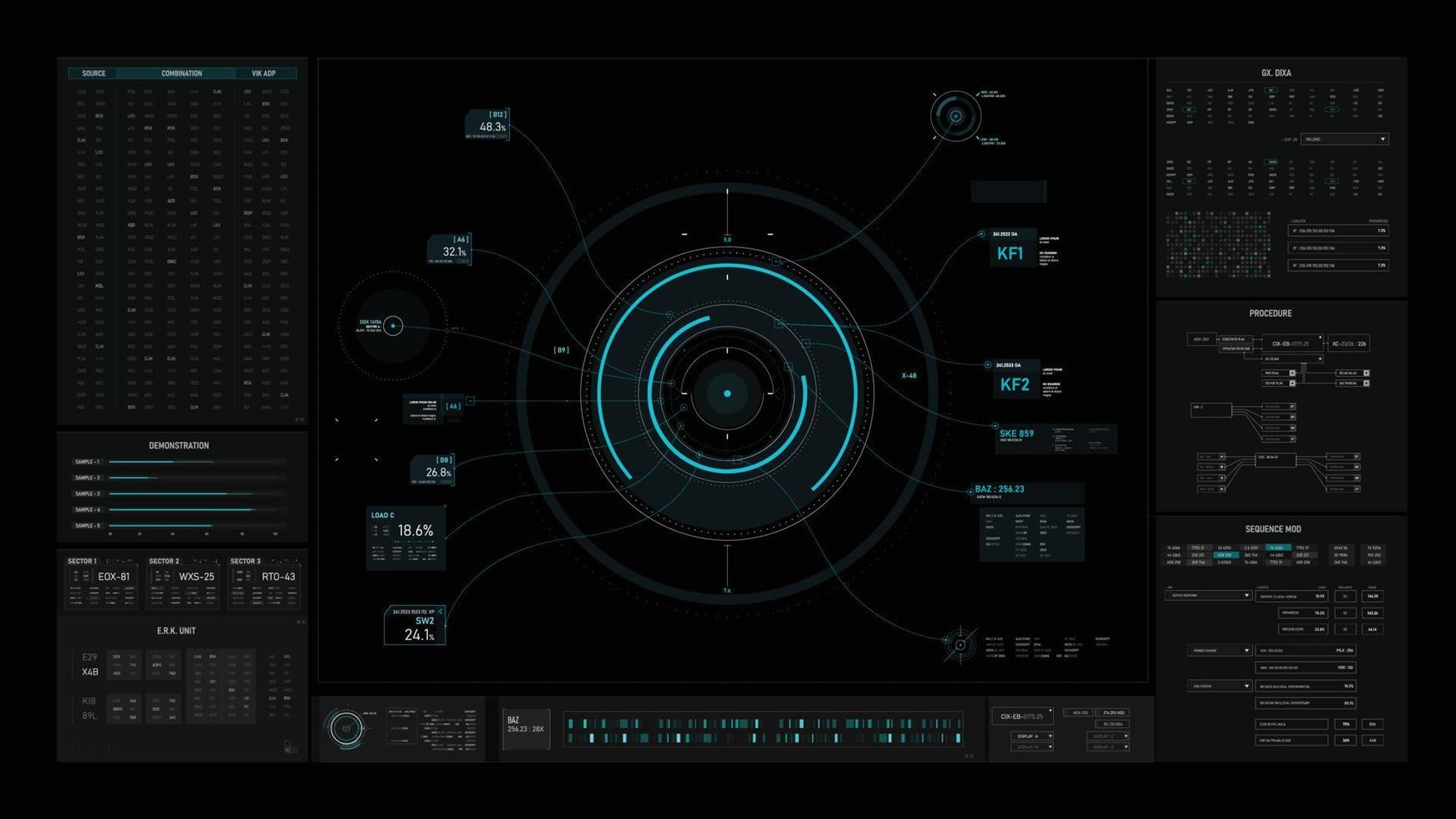Sci-Fi futuristic user interface hud design panel for business app. Abstract technology concept, Technology concept FUI widescreen aspect ratio, hologram, communication, statistic, data, infographic vector