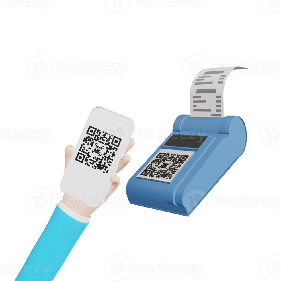 Cartoon hands  smartphones to scan a CODE filing from a credit card reader to pay for food and beverages and service png