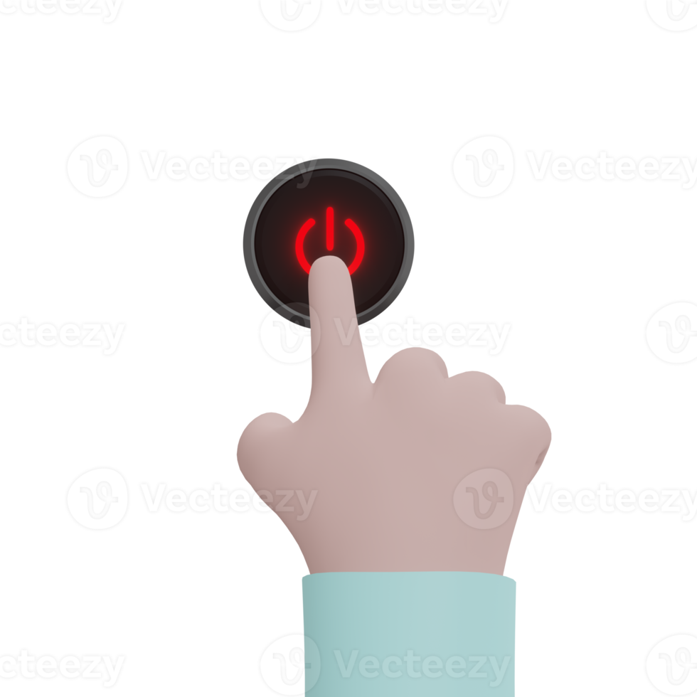 Cartoon hand pushing a red button on black background Push-button flat style concept png