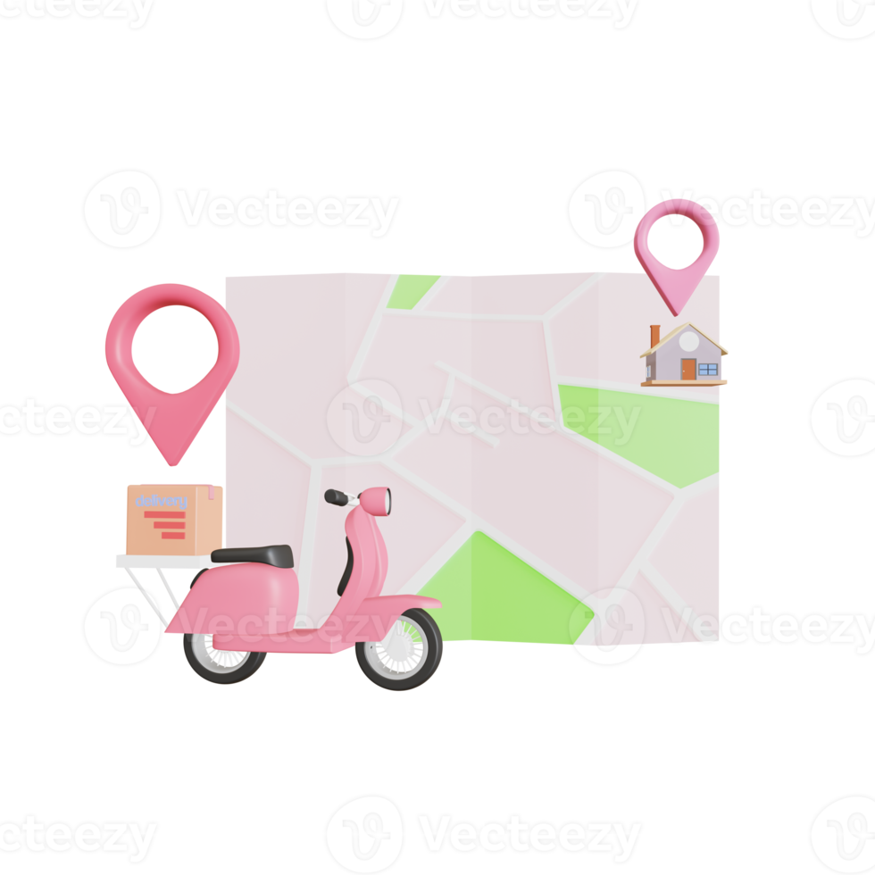 3D Map pins, GPS, navigator pin checking points, Fast delivery package by scooter on a shop. in E-commerce by the app. Tracking courier application. png