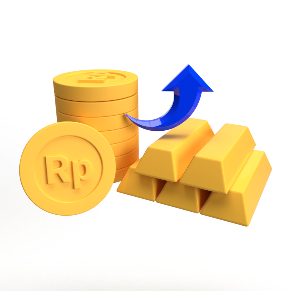 3d Rupiah Coin Gold Bar and Arrow PNG