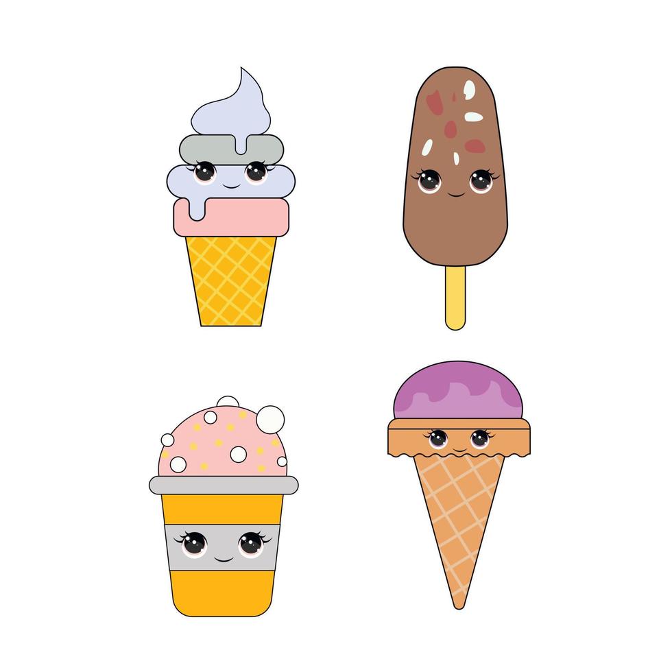 Cute ice cream isolated on white background. Kawaii style with funny face. Cartoon sweet character. Vector Illustration.