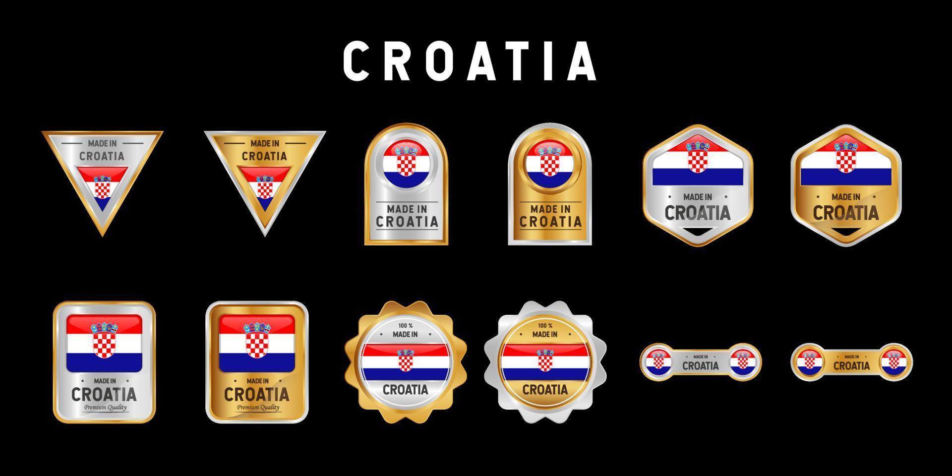 hecho en croacia etiqueta, sello, placa o logotipo. con la bandera nacional de croacia. en colores platino, oro y plata. emblema premium y de lujo vector