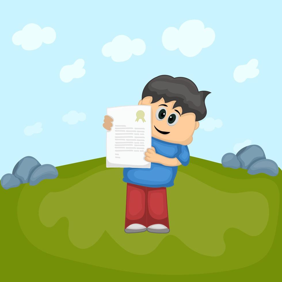 Cartoon boy showing document with landscape background vector