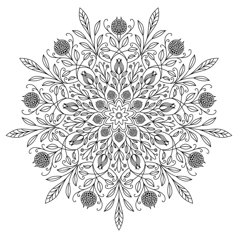 Vector mandala drawing with black lines on a white background.