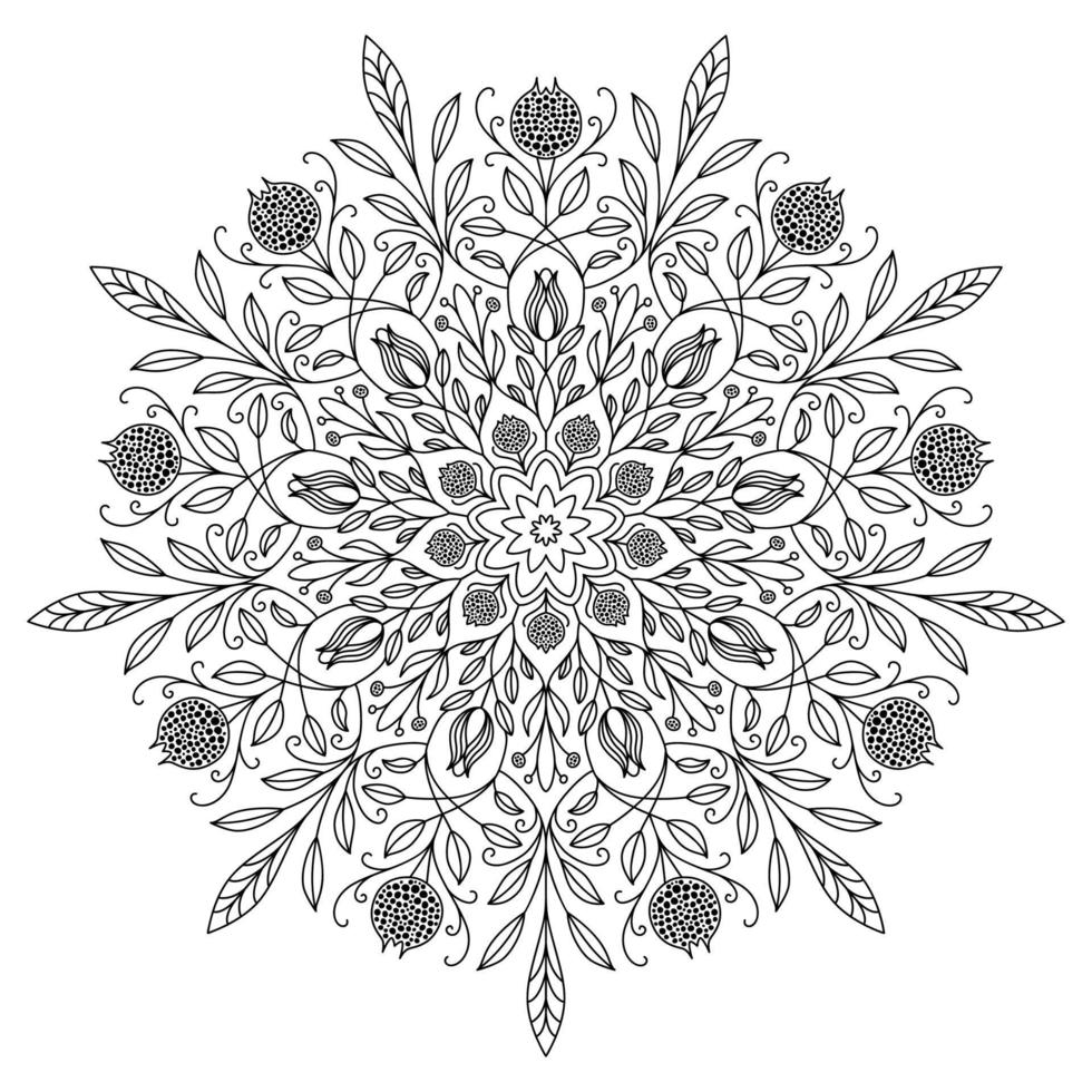 Vector mandala drawing with black lines on a white background.