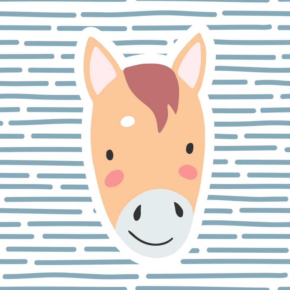 Horse. Postcard with a cute animal on a striped background. Vector illustration for decorating children's parties, children's room, and other purposes.