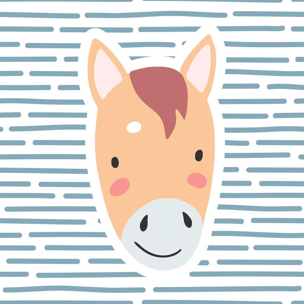 caballo. postal con un lindo animal sobre un fondo rayado. ilustración vectorial para decorar fiestas infantiles, habitaciones infantiles y otros fines. vector