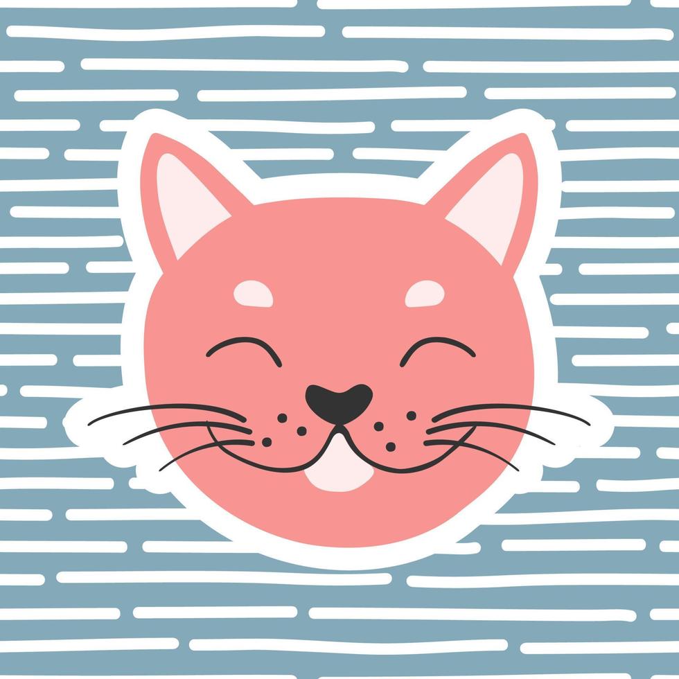 gato. postal con un lindo animal sobre un fondo rayado. ilustración vectorial para decorar fiestas infantiles, habitaciones infantiles y otros fines. vector