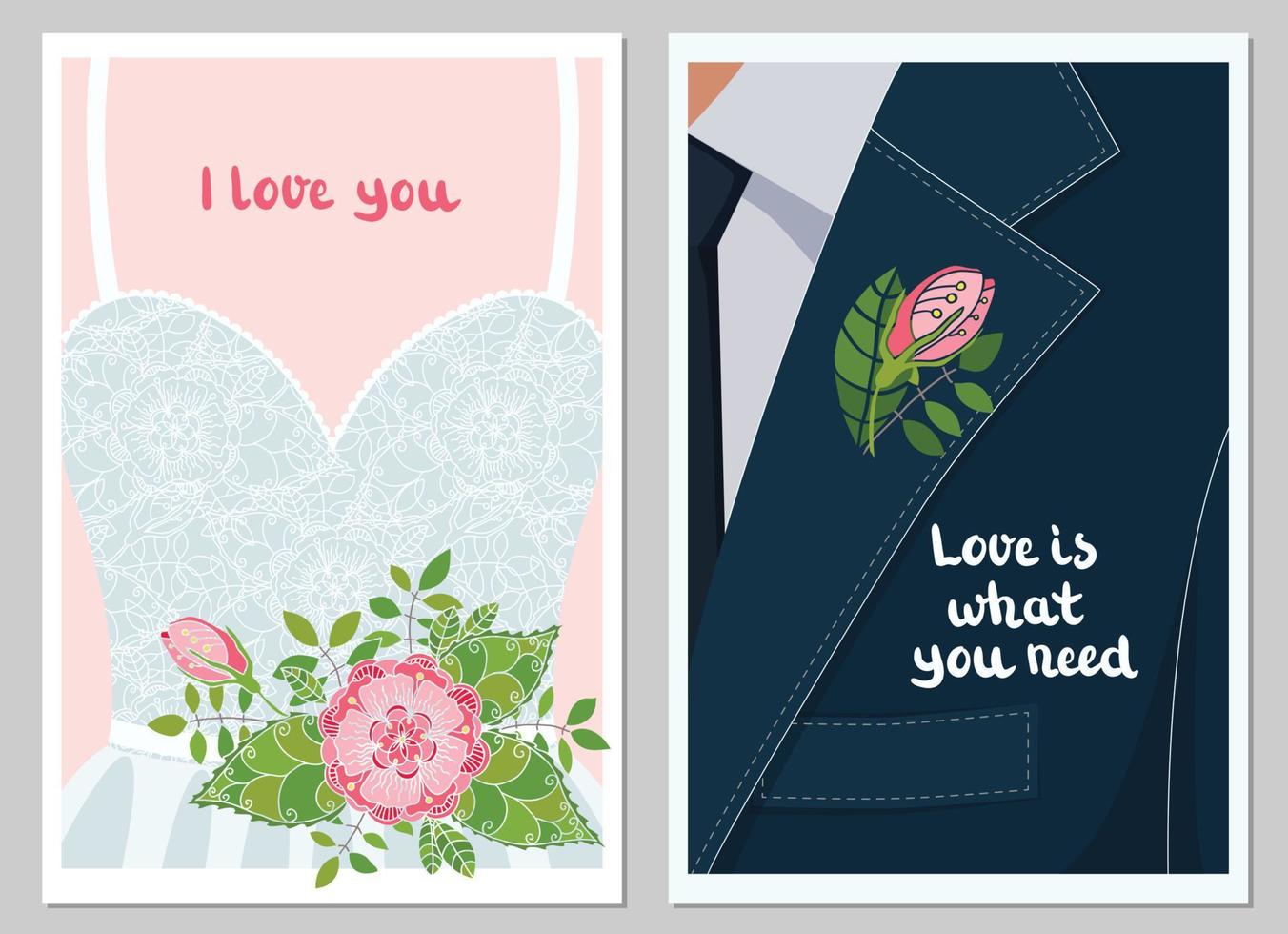 ilustración vectorial tarjetas de boda con letras románticas. la novia y el novio. letras - te amo, el amor es lo que necesitas. flores decorativas de boda - ramo, boutonniere. vestido y traje. vector