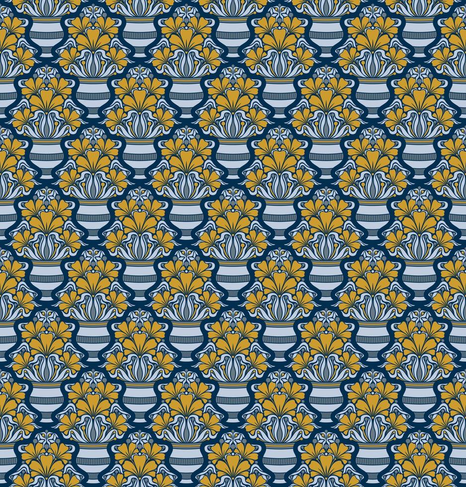 BLUE SEAMLESS VECTOR BACKGROUND IN ART NOUVEAU STYLE WITH A BOUQUET OF YELLOW FLOWERS