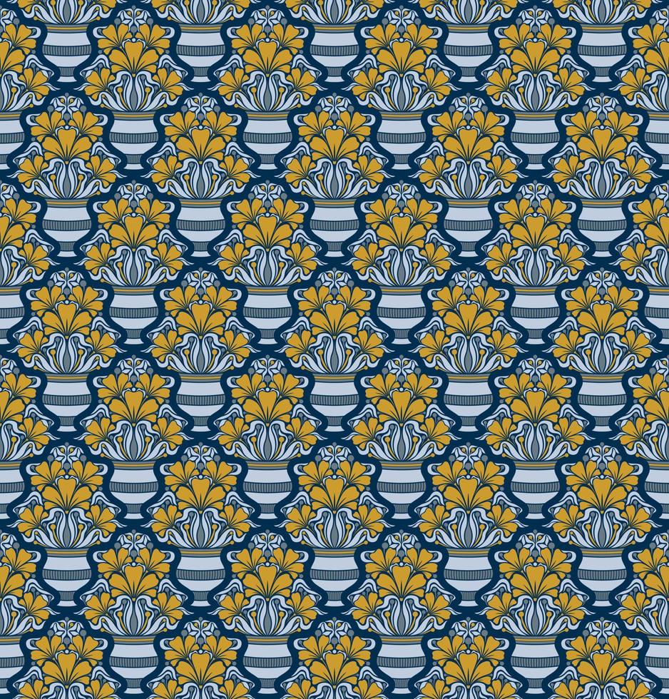 BLUE SEAMLESS VECTOR BACKGROUND IN ART NOUVEAU STYLE WITH A BOUQUET OF YELLOW FLOWERS