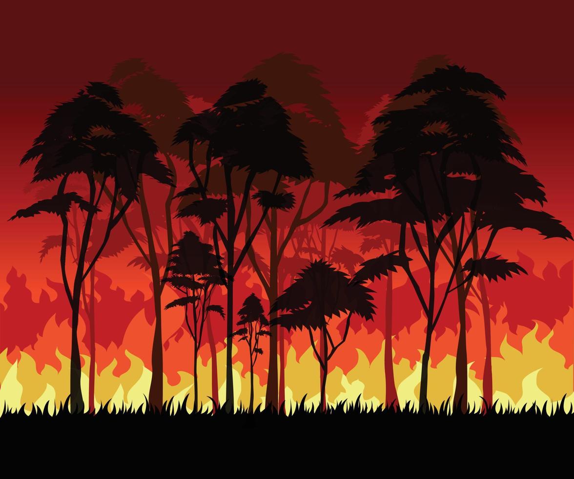 incendio forestal, árboles en llamas, incendios forestales por la noche, diseño vectorial vector