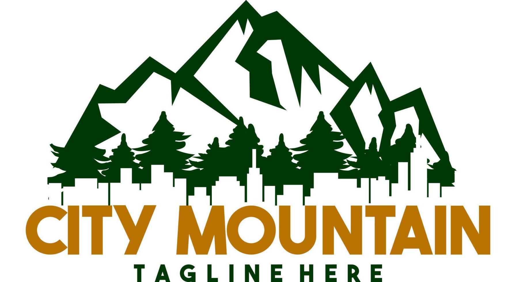 Mountain logo with city and tree silhouettes. Mountain tourism. symbols, logos, labels, flyers. vector