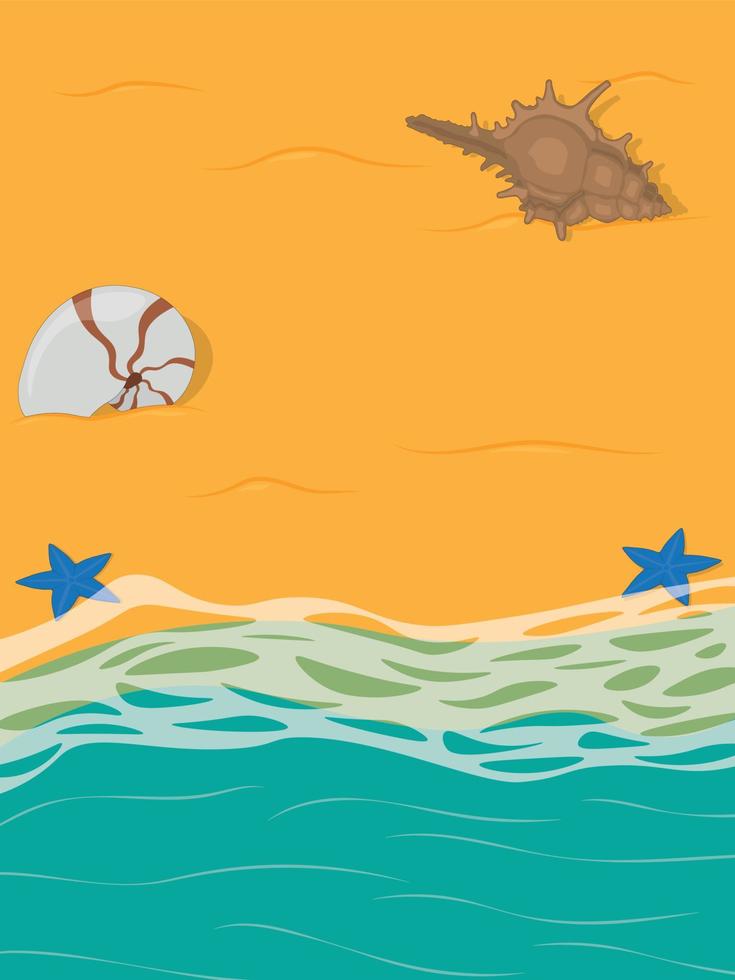 playa de arena en la frontera con el mar lleno de conchas marinas y estrellas de mar ilustración vectorial vector